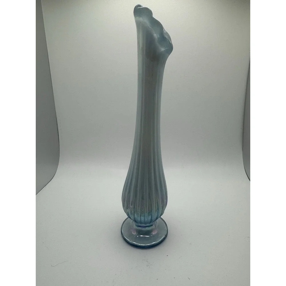 FENTON GLASS 1997 MISTY‎ BLUE SATIN BUD VASE, FABERGE, 7.5
